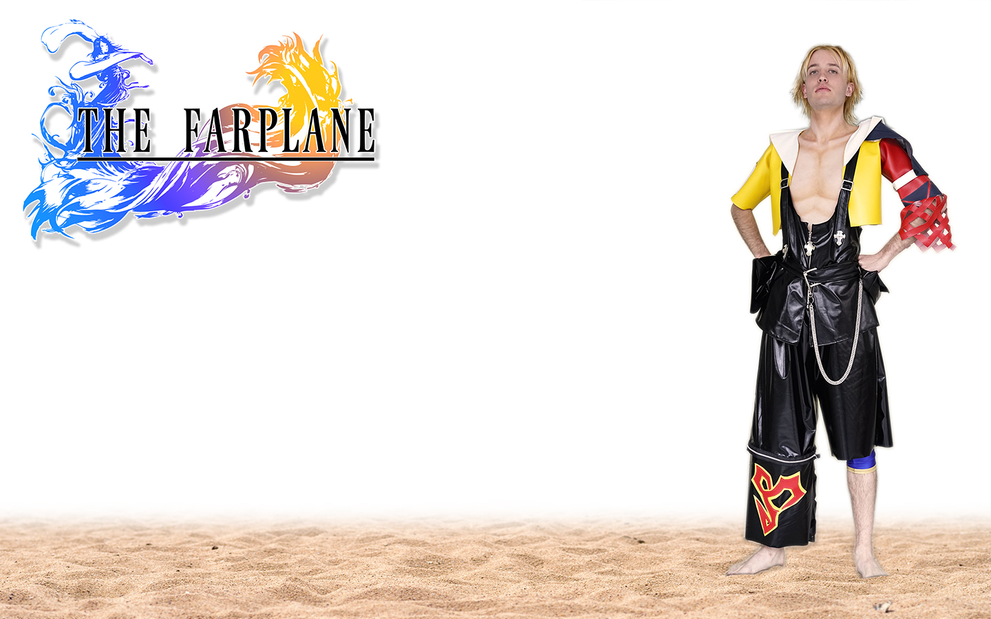Jesse dressed as Tidus from Final Fantasy 10 in a dominant pose on sand with text that reads 'The Farplane'
